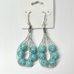 Turquoise beads in a mesh cage earrings long spring summer fashion jewelry